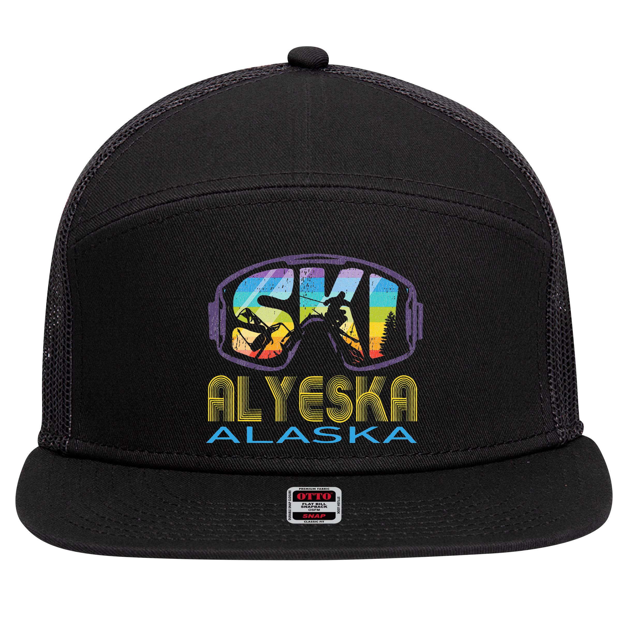 Ski Alyeska Alaska Skiing Vacation 7 Panel Mesh Trucker Snapback Hat