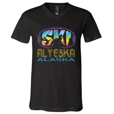 Ski Alyeska Alaska Skiing Vacation V-Neck T-Shirt