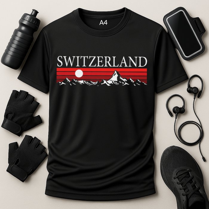 Swiss Alps And Red Sunset Switzerland Mountains Performance Shirt