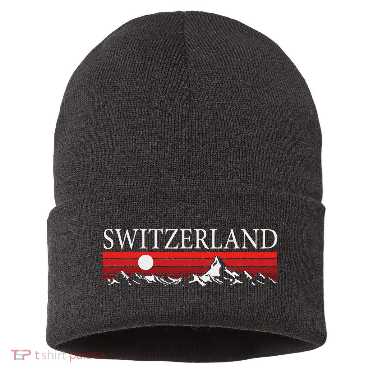 Swiss Alps And Red Sunset Switzerland Mountains Sustainable Knit Beanie