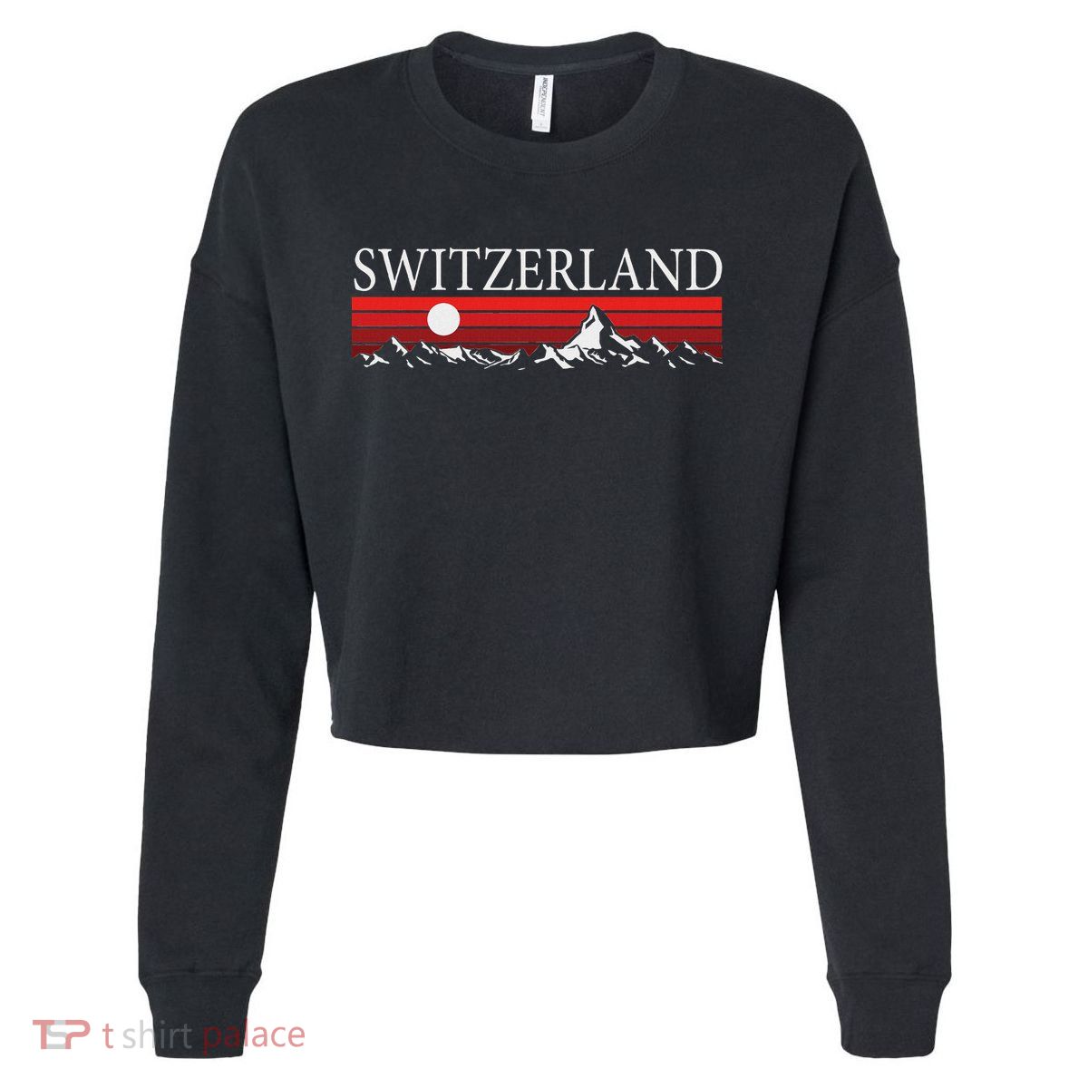 Swiss Alps And Red Sunset Switzerland Mountains Cropped Pullover Crew