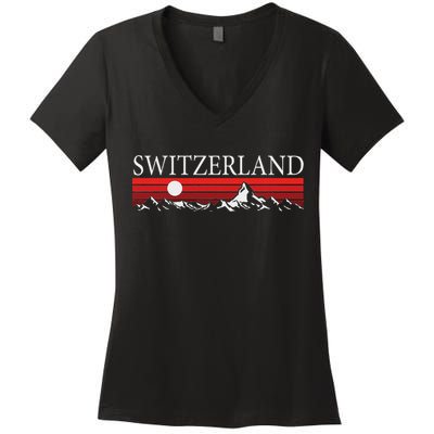 Swiss Alps And Red Sunset Switzerland Mountains Women's V-Neck T-Shirt