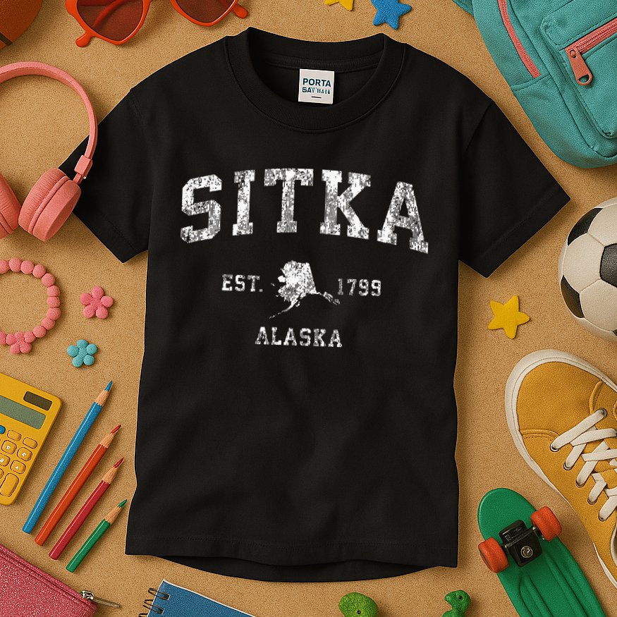 Sitka Alaska Ak Vintage Athletic Sports Design Kids T-Shirt