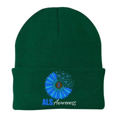 Sunflower ALS Awareness Ribbon Supporter Warrior Floral Knit Cap Winter Beanie