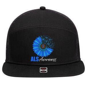 Sunflower ALS Awareness Ribbon Supporter Warrior Floral 7 Panel Mesh Trucker Snapback Hat