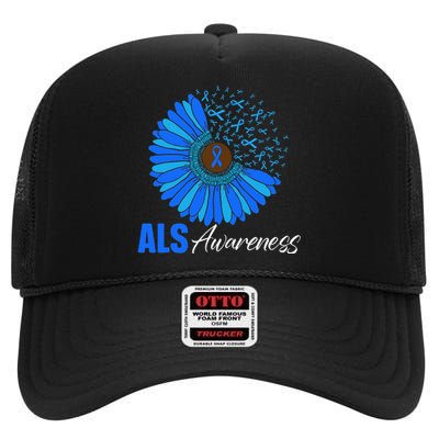 Sunflower ALS Awareness Ribbon Supporter Warrior Floral High Crown Mesh Back Trucker Hat