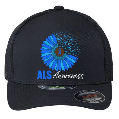 Sunflower ALS Awareness Ribbon Supporter Warrior Floral Flexfit Unipanel Trucker Cap