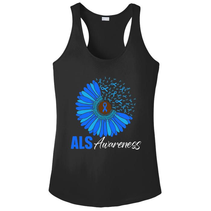 Sunflower ALS Awareness Ribbon Supporter Warrior Floral Ladies PosiCharge Competitor Racerback Tank