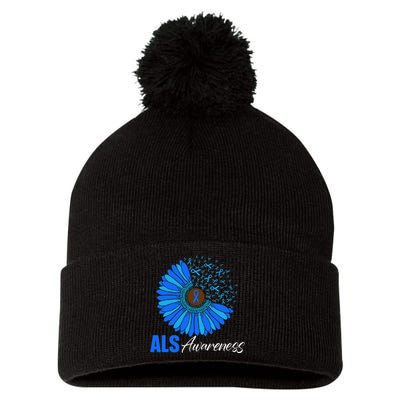 Sunflower ALS Awareness Ribbon Supporter Warrior Floral Pom Pom 12in Knit Beanie