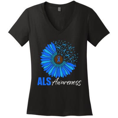 Sunflower ALS Awareness Ribbon Supporter Warrior Floral Women's V-Neck T-Shirt