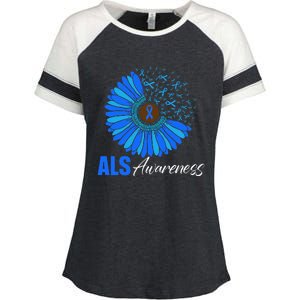 Sunflower ALS Awareness Ribbon Supporter Warrior Floral Enza Ladies Jersey Colorblock Tee