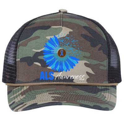 Sunflower ALS Awareness Ribbon Supporter Warrior Floral Retro Rope Trucker Hat Cap