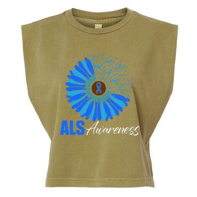 Sunflower ALS Awareness Ribbon Supporter Warrior Floral Garment-Dyed Women's Muscle Tee