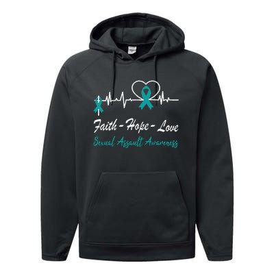 Sexual Assault Awareness Christian Cross Support Teal Ribbon Performance Fleece Hoodie