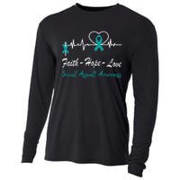 Sexual Assault Awareness Christian Cross Support Teal Ribbon Cooling Performance Long Sleeve Crew