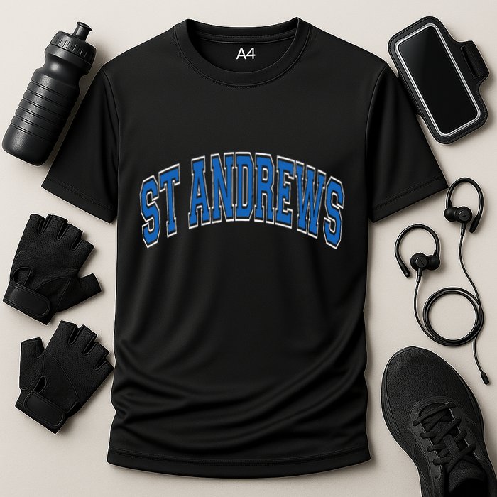 St Andrews Arched Blue Text Performance Shirt