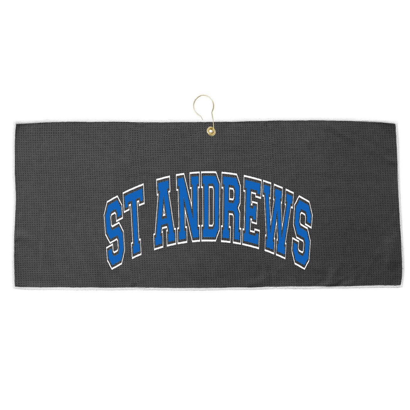 St Andrews Arched Blue Text Large Microfiber Waffle Golf Towel