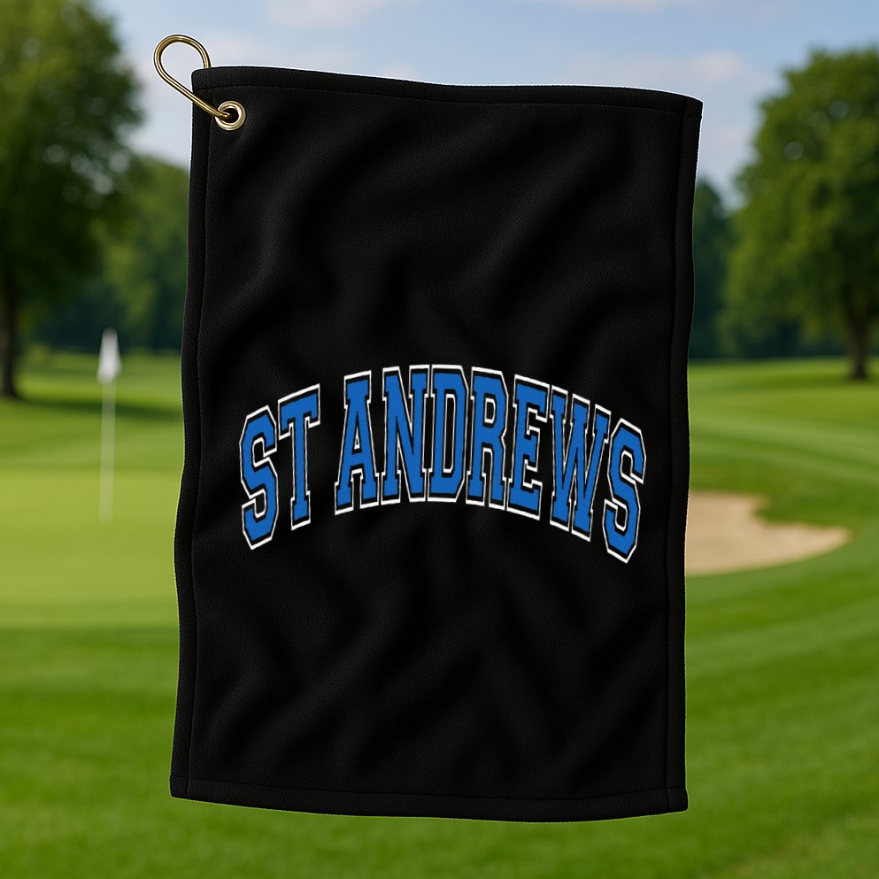 St Andrews Arched Blue Text Golf Towel