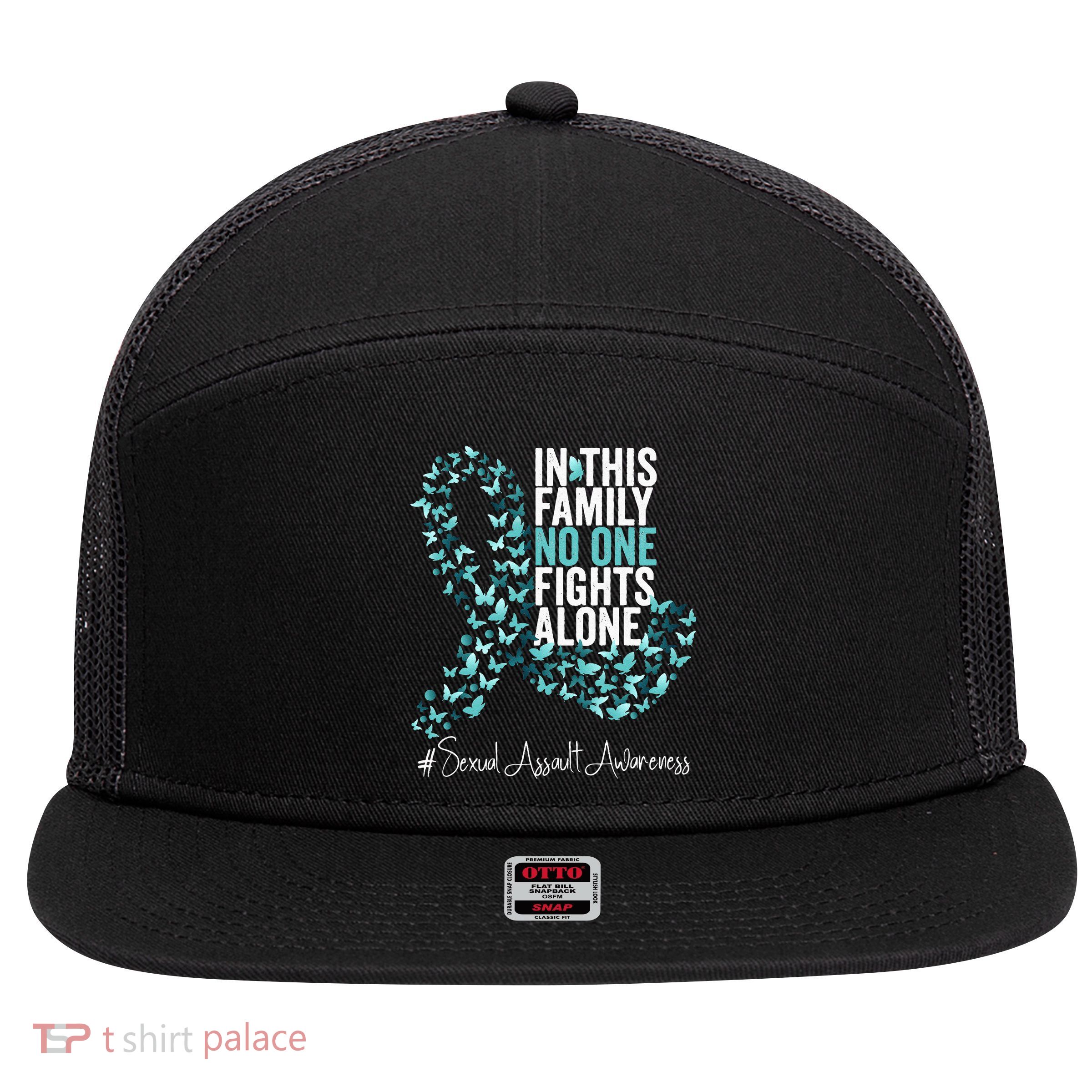 Sexual Assault Awareness Month Teal Ribbon 7 Panel Mesh Trucker Snapback Hat