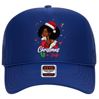 Santa African American Christmas in July Black Queen High Crown Mesh Back Trucker Hat