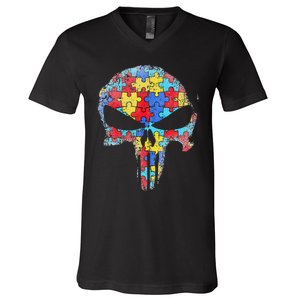 Skull Autism Awareness Tee Mom Dad Autism  V-Neck T-Shirt