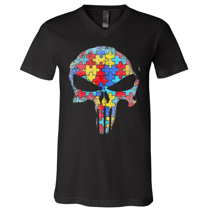 Skull Autism Awareness Tee Mom Dad Autism  V-Neck T-Shirt