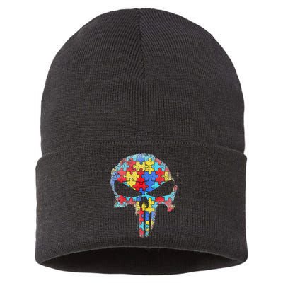 Skull Autism Awareness Tee Mom Dad Autism  Sustainable Knit Beanie