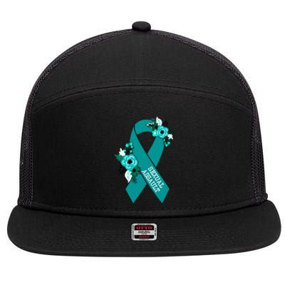 Sexual Assault Awareness Floral Teal Ribbon Awareness Gift Funny Gift 7 Panel Mesh Trucker Snapback Hat