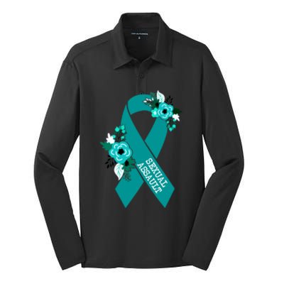 Sexual Assault Awareness Floral Teal Ribbon Awareness Gift Funny Gift Silk Touch Performance Long Sleeve Polo