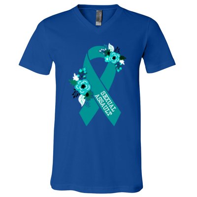 Sexual Assault Awareness Floral Teal Ribbon Awareness Gift Funny Gift V-Neck T-Shirt