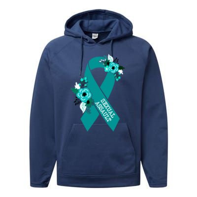 Sexual Assault Awareness Floral Teal Ribbon Awareness Gift Funny Gift Performance Fleece Hoodie