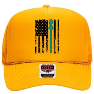 Sexual Assault Awareness Teal Ribbon American Flag Meaningful Gift High Crown Mesh Back Trucker Hat