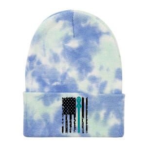 Sexual Assault Awareness Teal Ribbon American Flag Meaningful Gift Tie Dye 12in Knit Beanie