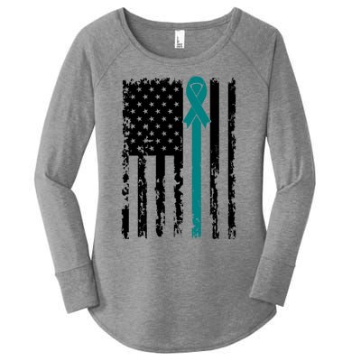 Sexual Assault Awareness Teal Ribbon American Flag Meaningful Gift Women's Perfect Tri Tunic Long Sleeve Shirt