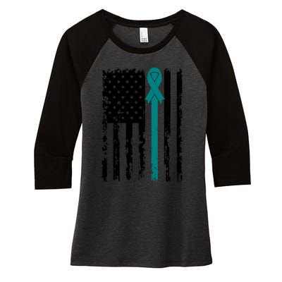 Sexual Assault Awareness Teal Ribbon American Flag Meaningful Gift Women's Tri-Blend 3/4-Sleeve Raglan Shirt