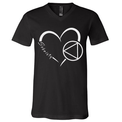 Sober Alcoholic Abstinence Aa Support Sobriety Heart Love V-Neck T-Shirt