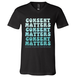 Sexual Assault Awareness Month Consent Matters Teal Ribbon V-Neck T-Shirt