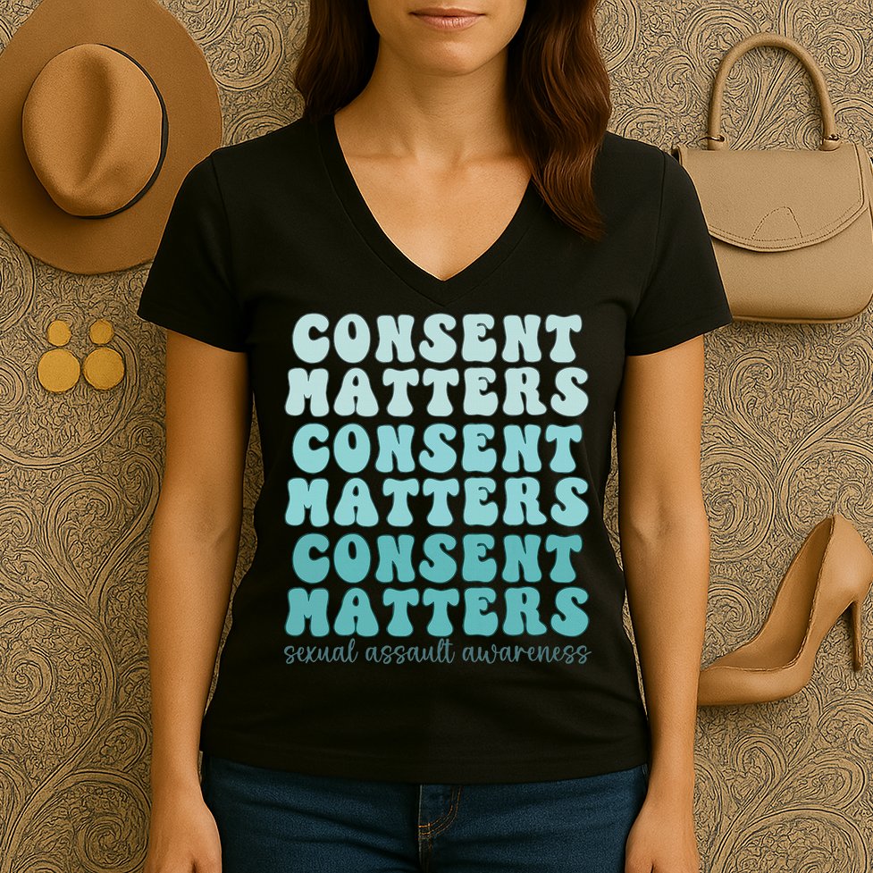 Sexual Assault Awareness Month Consent Matters Teal Ribbon Women's V-Neck T-Shirt