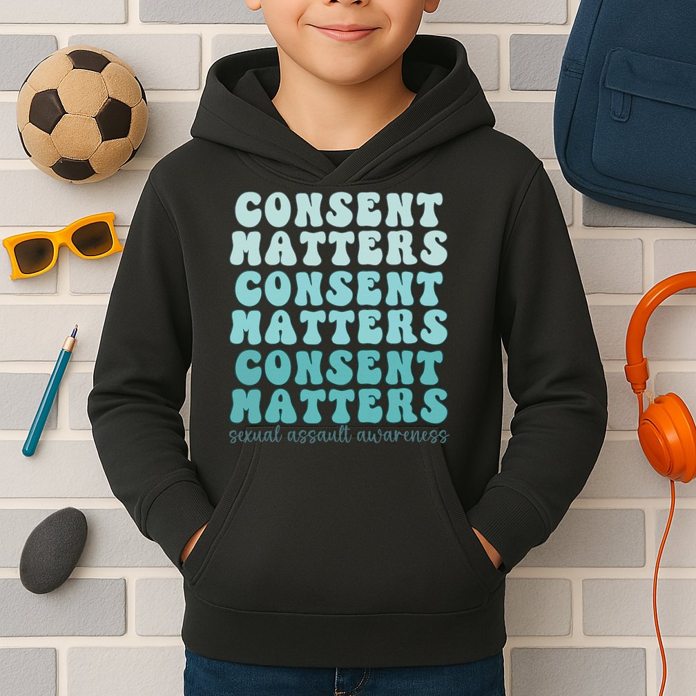 Sexual Assault Awareness Month Consent Matters Teal Ribbon Kids Hoodie