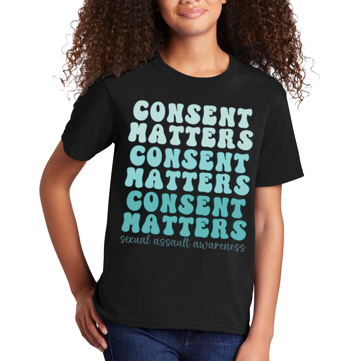 Sexual Assault Awareness Month Consent Matters Teal Ribbon Kids T-Shirt