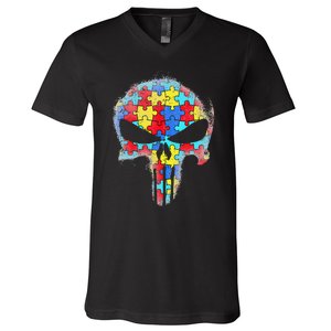 Skull Autism Awareness Tee Mom Dad Autism V-Neck T-Shirt