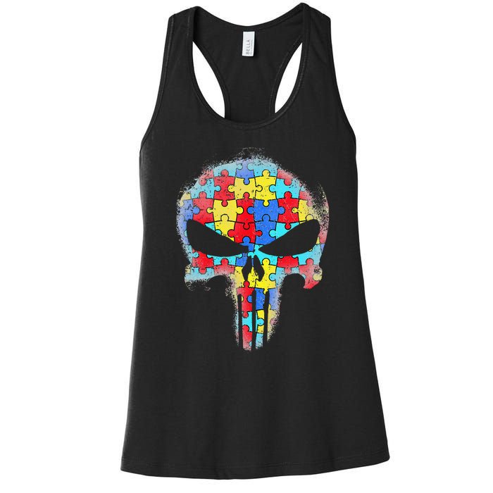 Skull Autism Awareness Tee Mom Dad Autism Women's Racerback Tank