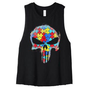 Skull Autism Awareness Tee Mom Dad Autism Women's Racerback Cropped Tank