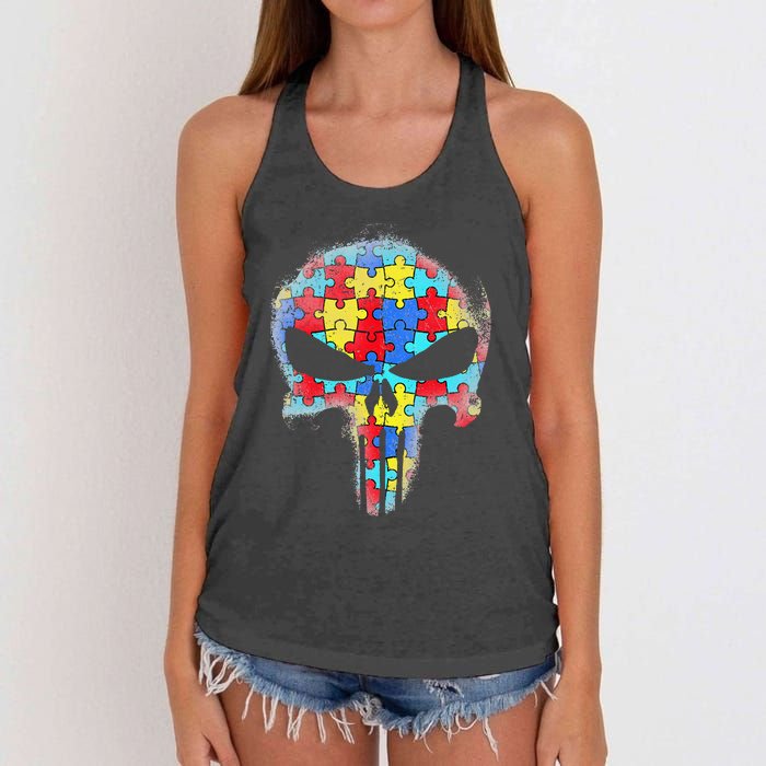 Skull Autism Awareness Tee Mom Dad Autism Women's Knotted Racerback Tank