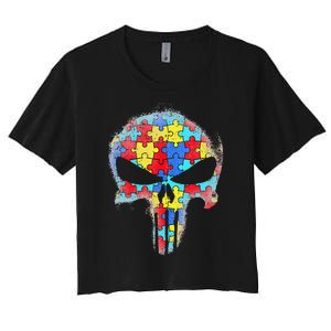 Skull Autism Awareness Tee Mom Dad Autism Women's Crop Top Tee