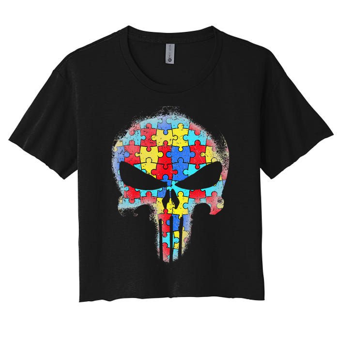 Skull Autism Awareness Tee Mom Dad Autism Women's Crop Top Tee