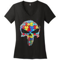 Skull Autism Awareness Tee Mom Dad Autism Women's V-Neck T-Shirt