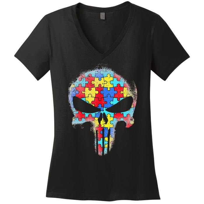 Skull Autism Awareness Tee Mom Dad Autism Women's V-Neck T-Shirt