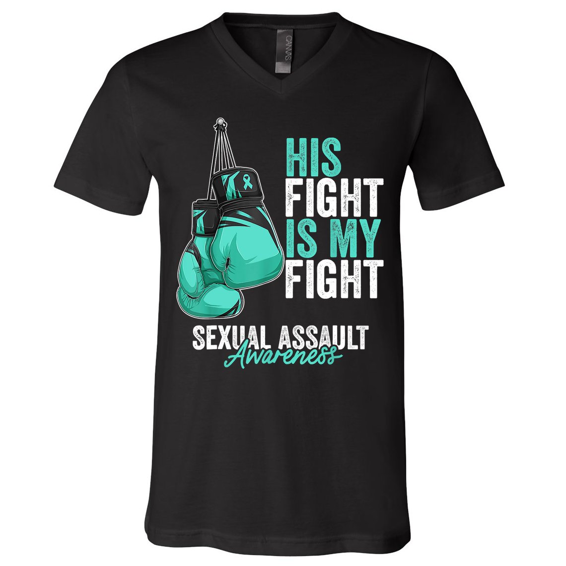 Sexual Assault Awareness Month Boxing Gloves Teal Ribbon V-Neck T-Shirt