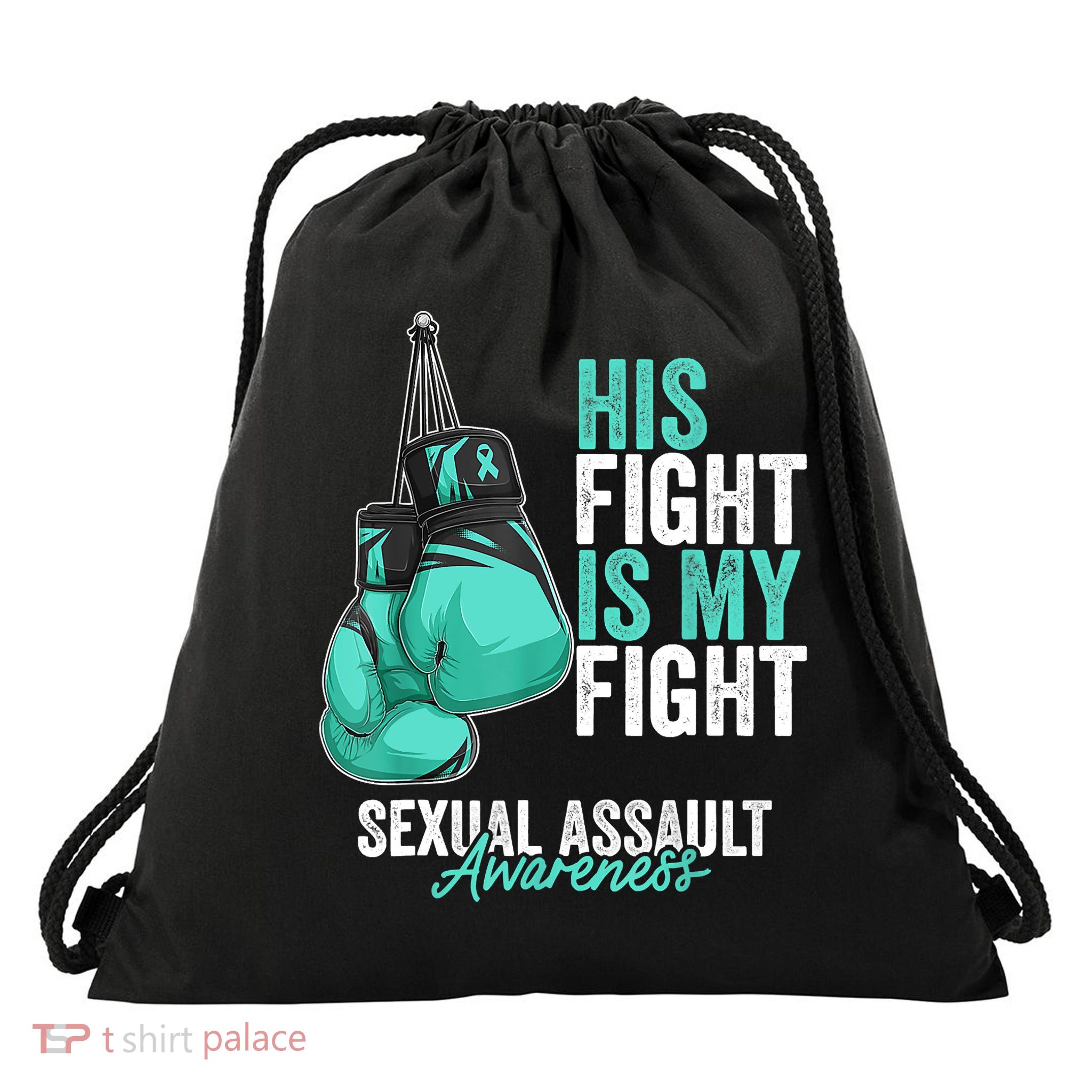 Sexual Assault Awareness Month Boxing Gloves Teal Ribbon Drawstring Bag